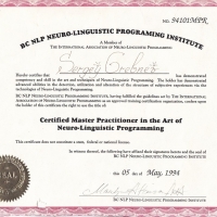 Сертификат мастера-практика NLP 1994 г. Ванкувер Канада